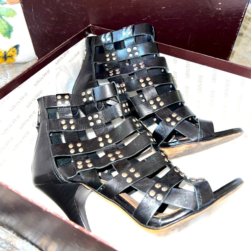 Balmain Black Leather Cage Heel Studded Booties Sz French 36  US 5 HOT!!! 🔥